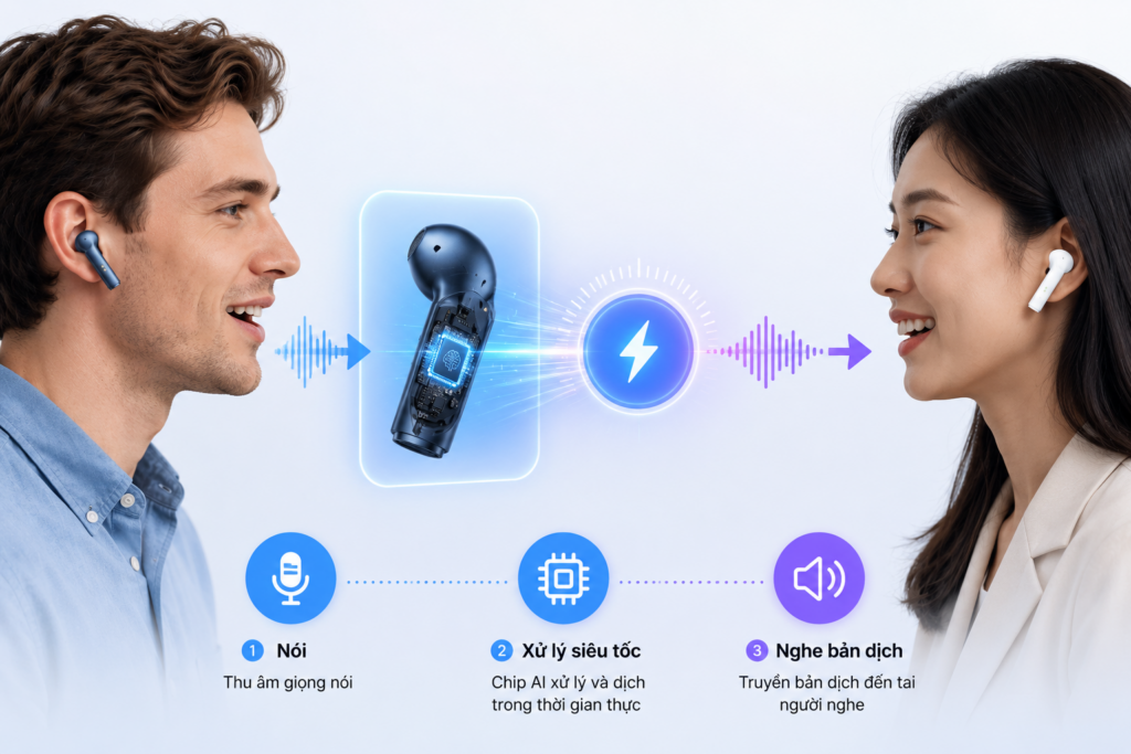 Mô tả tốc độ xử lý bản dịch siêu tốc của chip AI tích hợp bên trong hệ thống tai nghe Timekettle W4