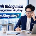 Doanh nhân làm việc tại văn phòng sử dụng thiết bị kính thông minh