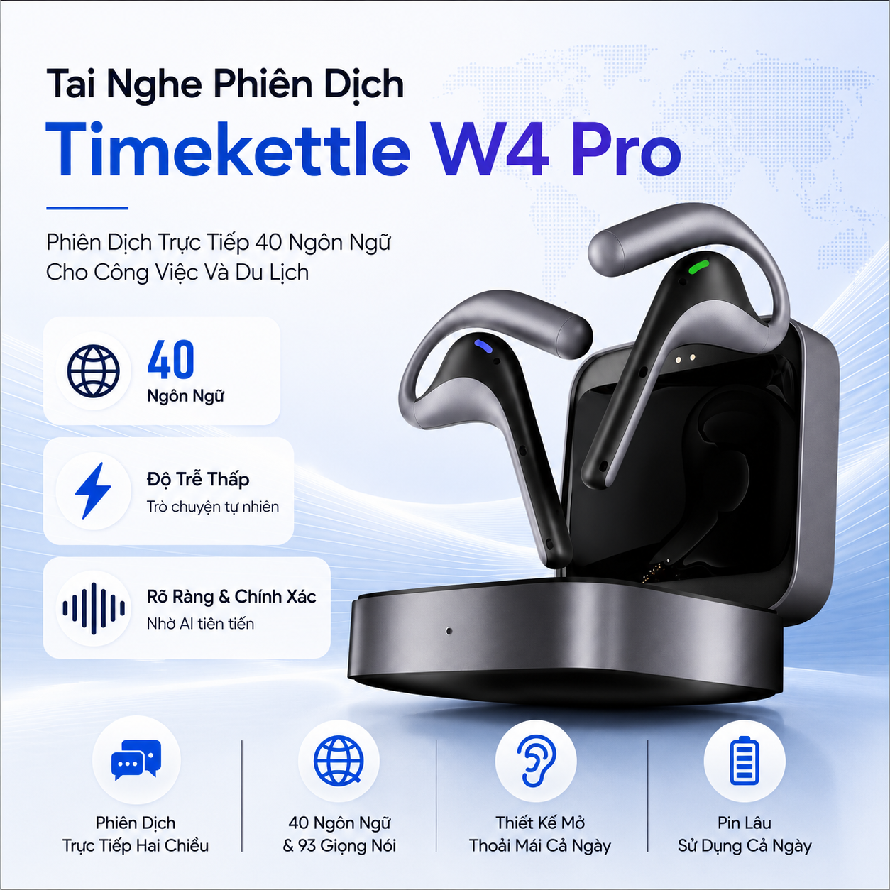 Tai Nghe Phiên Dịch Timekettle W4 Pro - Phiên Dịch Trực Tiếp 40 Ngôn Ngữ Cho Công Việc Và Du Lịch