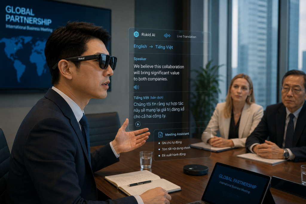 Một doanh nhân sử dụng Rokid AI Glasses Style trong cuộc họp quốc tế. Nội dung hỗ trợ giao tiếp hiển thị trước mắt.