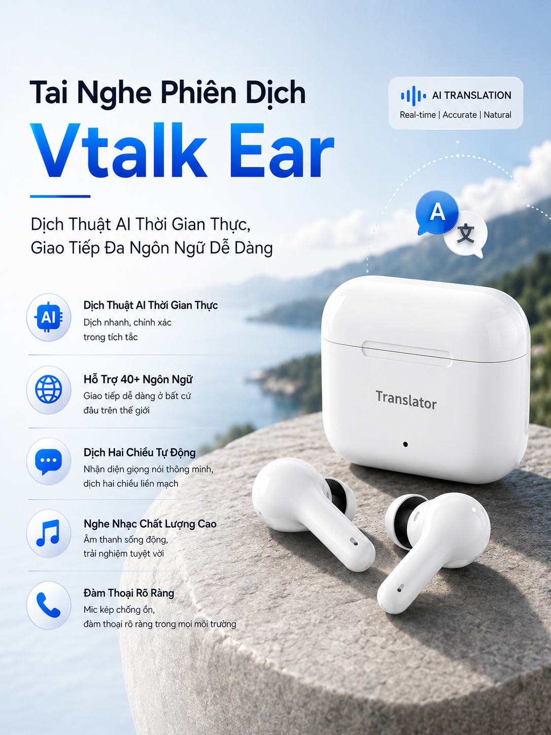 Tai Nghe Phiên Dịch Vtalk Ear - Dịch Thuật AI Thời Gian Thực, Giao Tiếp Đa Ngôn Ngữ Dễ Dàng