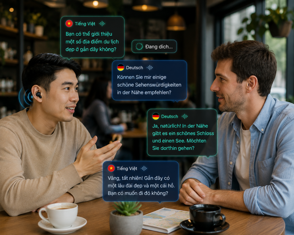 Một người đang sử dụng tai nghe phiên dịch để trò chuyện với người nước ngoài. Nội dung dịch được xử lý và hiển thị theo thời gian thực.