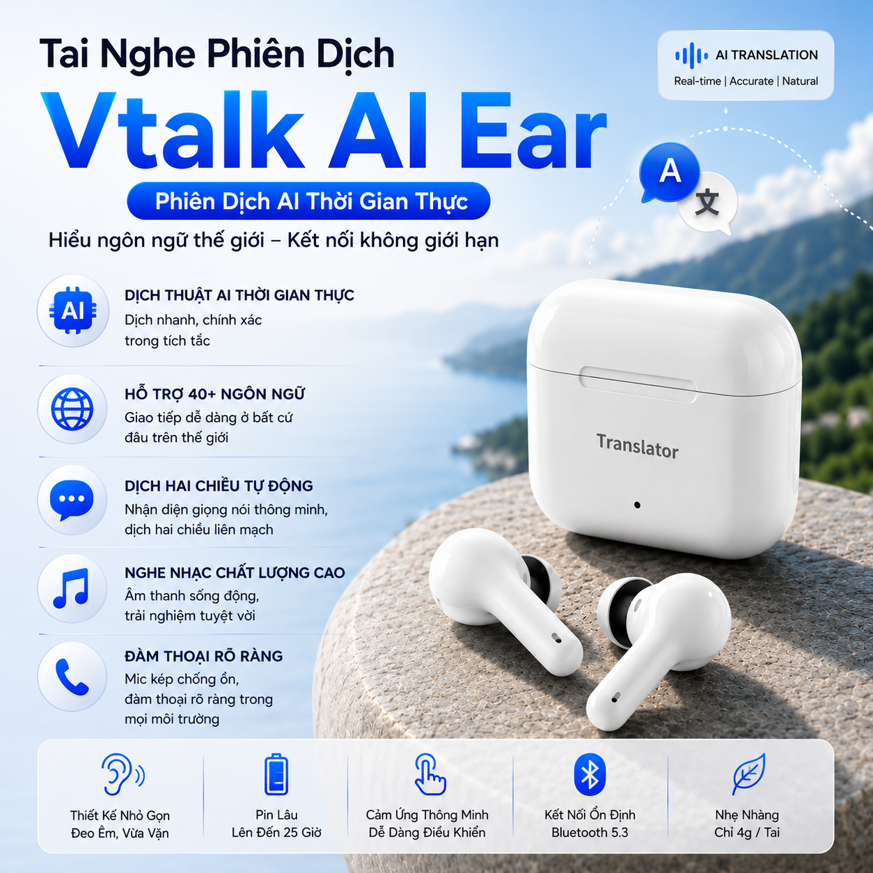 Tai Nghe Phiên Dịch Vtalk Ear - Dịch Thuật AI Thời Gian Thực, Giao Tiếp Đa Ngôn Ngữ Dễ Dàng