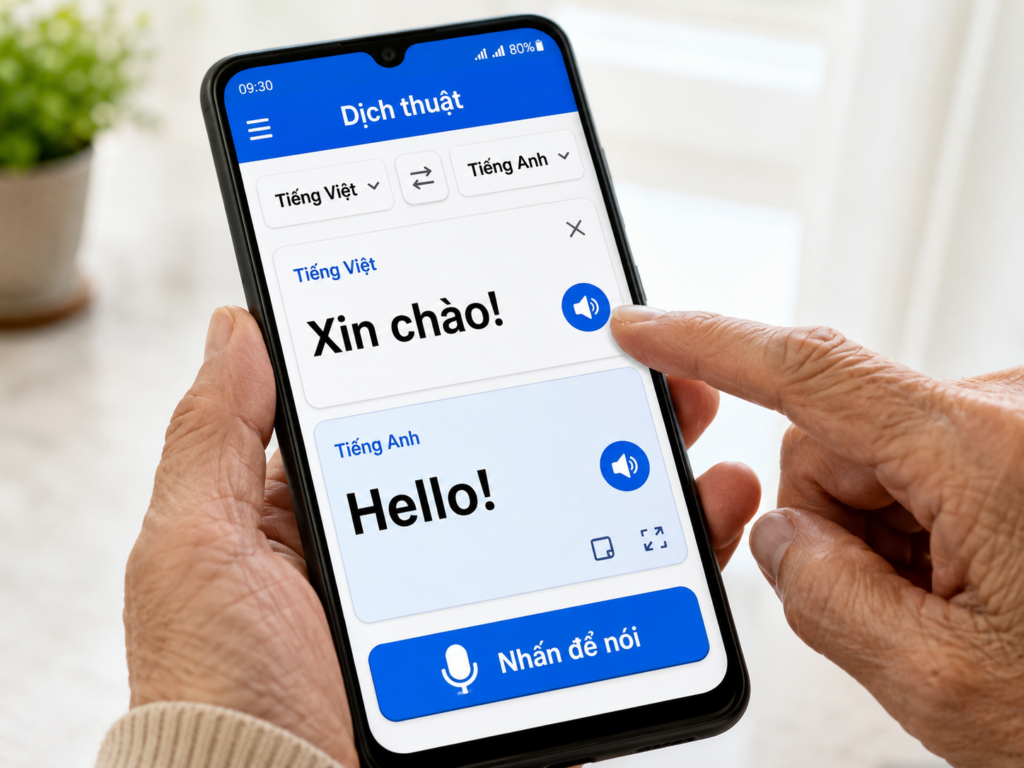 Giao diện ứng dụng dịch thuật với font chữ to rõ, trực quan dành cho người già