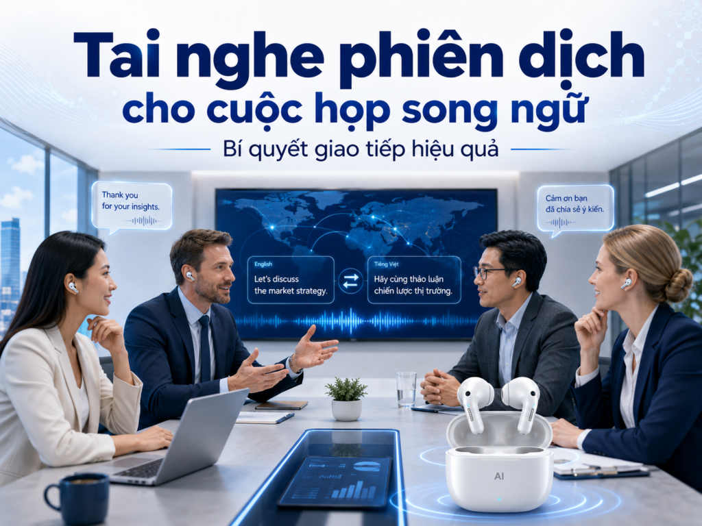 Doanh nhân sử dụng tai nghe phiên dịch cho cuộc họp song ngữ