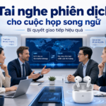 Doanh nhân sử dụng tai nghe phiên dịch cho cuộc họp song ngữ