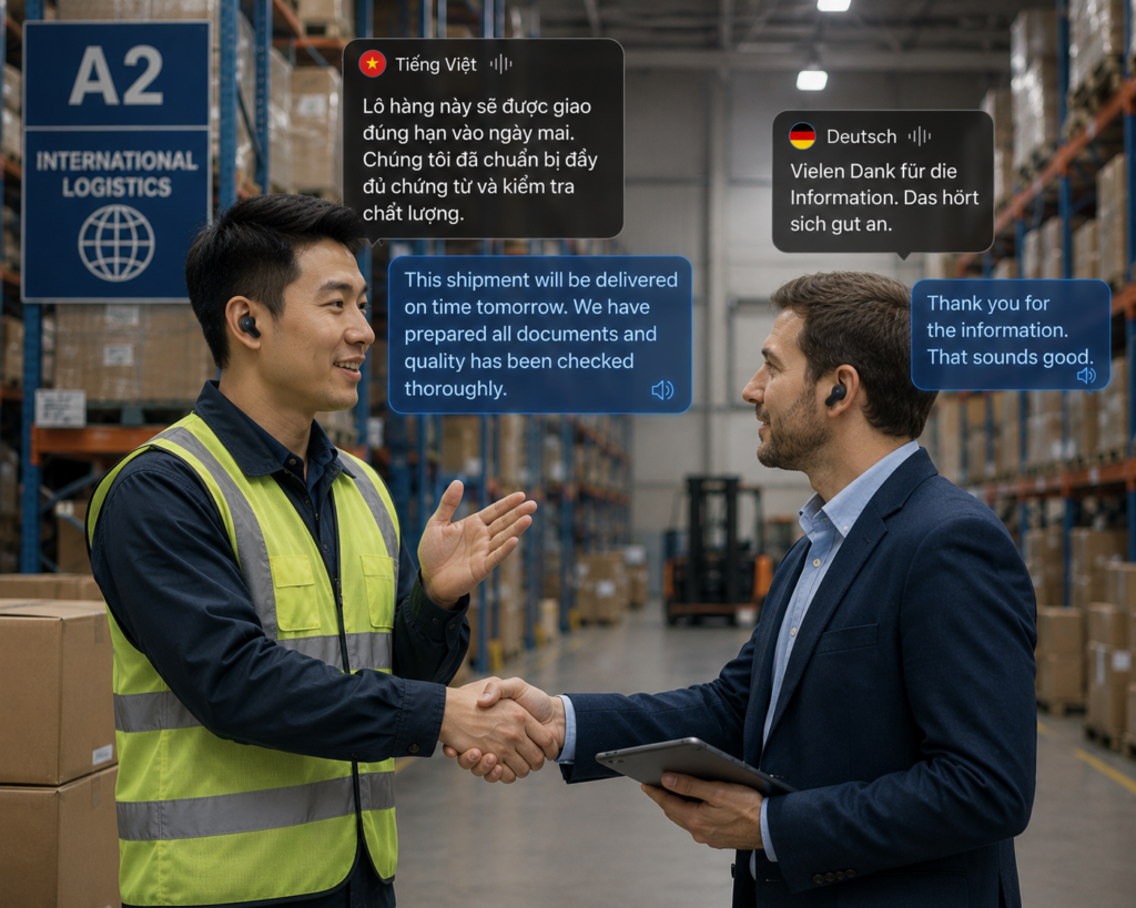 Nhân viên logistics đang trao đổi với đối tác nước ngoài tại kho hàng quốc tế và sử dụng tai nghe phiên dịch để giao tiếp.
